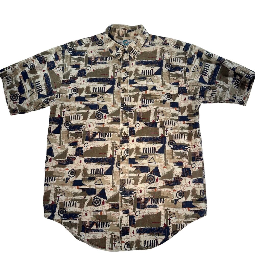 Vintage World Island Pattern Short Sleeve Button Down Shirt Mens Size Medium
